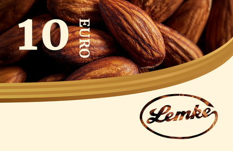 Lemke 10 Euro gift card with almond background and Lemke logo