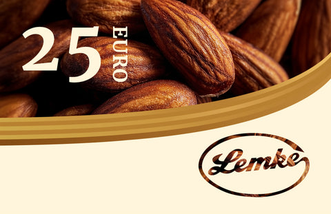 Lemke 25 Euro gift card with almond background and Lemke logo