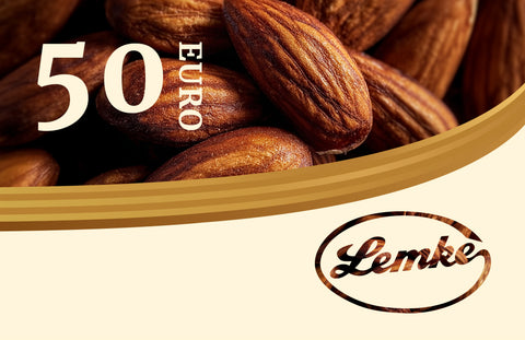 Lemke 50 Euro gift card with almond background and Lemke logo