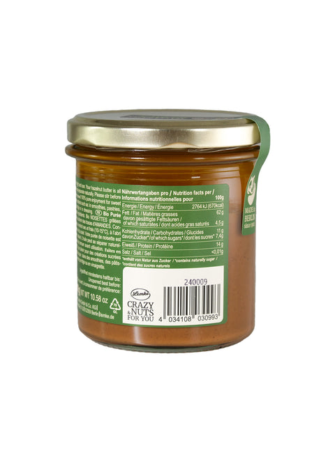 Rückseite des Lemke Haselnuss Biomus creamy 300 g Glases mit Nährwertangaben