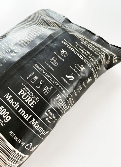 Rückseite der Lemke Mampfmandeln 500g Verpackung mit Produktinformationen und Nährwertangaben