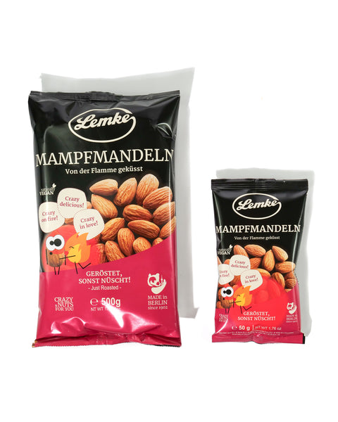 Lemke Mampfmandeln 500g und 50g Packungen nebeneinander auf weißem Hintergrund