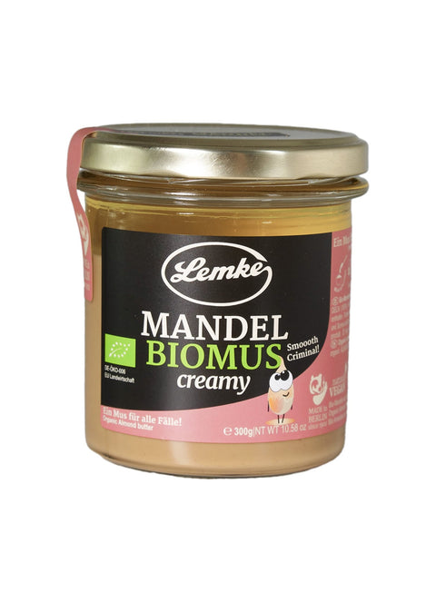 Lemke Mandel Biomus creamy 300 g Glas mit Produktetikett auf weißem Hintergrund