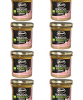 Acht Gläser Lemke Mandel Biomus creamy 300 g auf weißem Hintergrund
