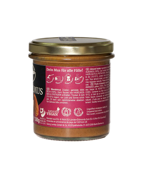 Lemke Mandelmus Braun 300g jar side view with product information label