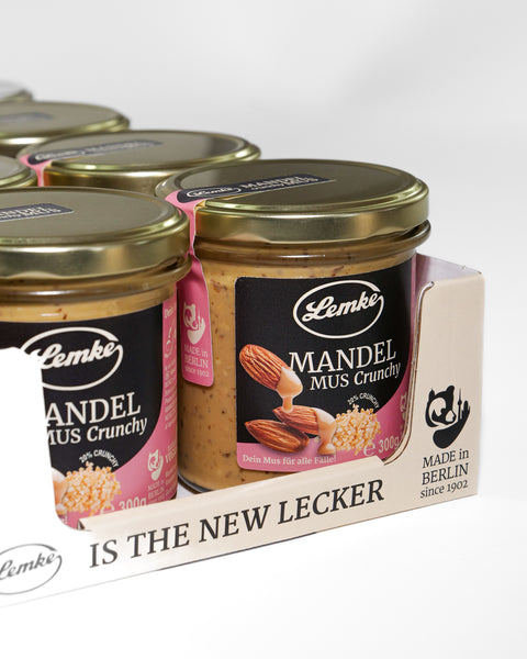 Detailansicht von Lemke Mandelmus Crunchy 300 g Gläsern im Displaykarton