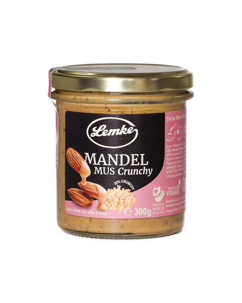 Lemke Mandelmus Crunchy 300g jar front view on a white background