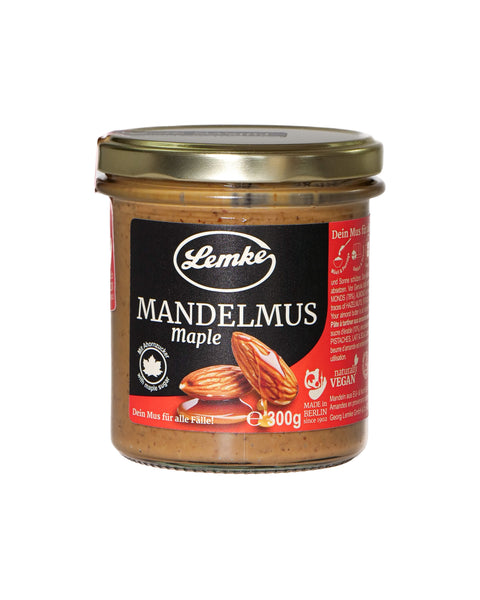 Lemke Mandelmus Maple 300 g Glas mit Produktetikett auf weißem Hintergrund