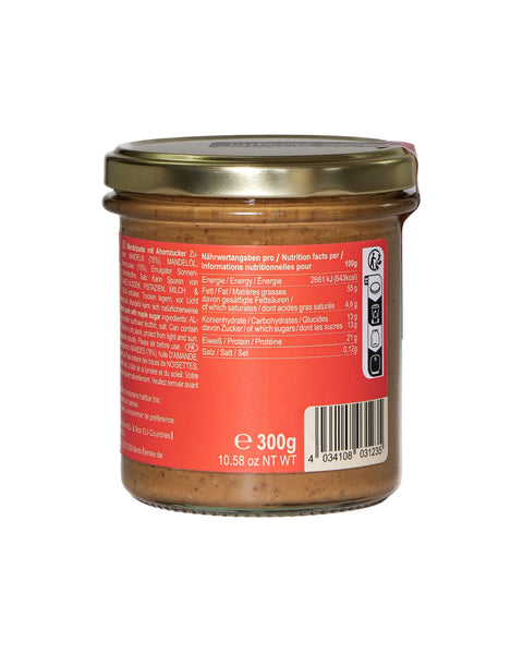 Rückseite des Lemke Mandelmus Maple 300 g Glases mit Nährwertangaben und Barcode