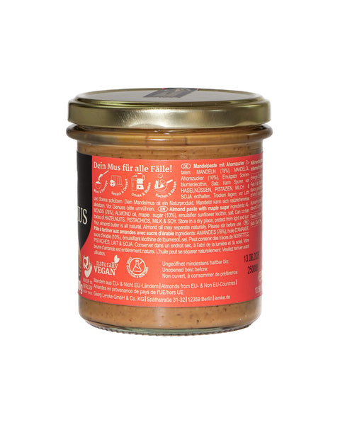 Lemke Mandelmus Maple 300g jar side view with product information label