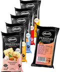 Lemke Marzipan & Persipan Probierpaket mit fünf Marzipansorten und einer Persipanrohmasse auf weißem Hintergrund