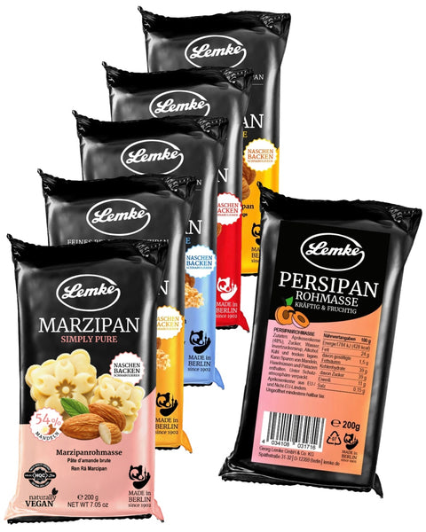 Lemke Marzipan & Persipan Probierpaket mit fünf Marzipansorten und einer Persipanrohmasse auf weißem Hintergrund