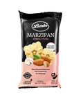 Lemke Marzipan product packaging from Berlin displays a bold black and pink design, featuring delicate flower-shaped marzipan pieces, whole and split almonds, and the Berlin TV Tower silhouette, emphasizing its 54% almond content and vegan ingredients