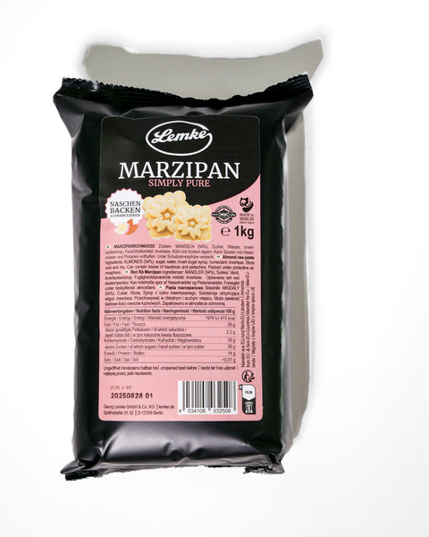 Back view of Lemke Marzipan Simply Pure 1kg package with product label and nutrition information