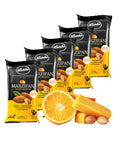 Five Lemke Sunny Orange marzipan packs arranged behind orange slices. Almonds and orange marzipan bars sit in front to show the almond and citrus flavors.