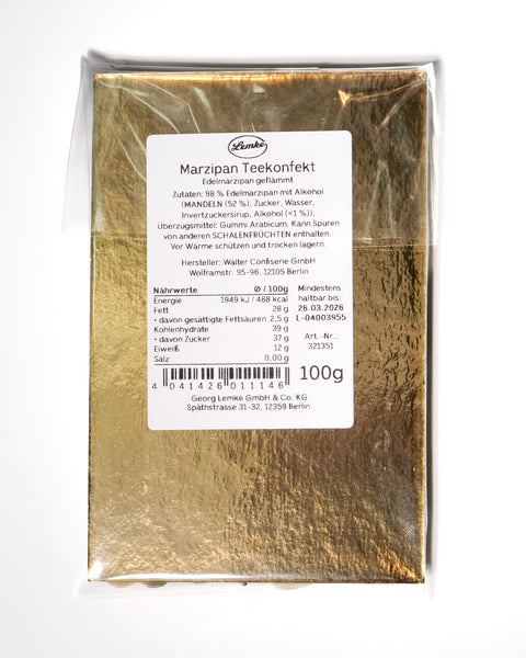 Back view of Lemke Marzipan Teekonfekt 100g package with product label on gold tray