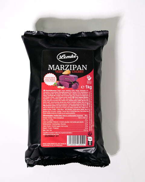 Back view of Lemke Marzipan Very Cherry 1kg package with product label and nutrition information