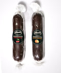 Lemke Marzipanini Very Cherry and Sunny Orange 120g chocolate-coated marzipan loaves in clear wrapping