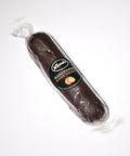 Back view of Lemke Marzipanini Sunny Orange 120g chocolate-coated marzipan loaf with product label
