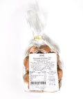 Back view of Lemke Marzipankartoffeln Zimt 200g gift bag with product label and cinnamon marzipan pieces