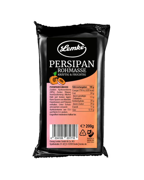 Lemke Persipan Rohmasse 200g, kräftig und fruchtig, im schwarzen Beutel auf weißem Hintergrund