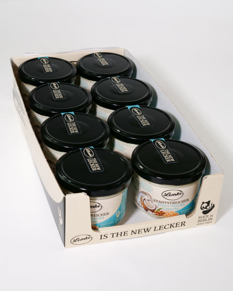 Lemke Stadtstreicher Kokos-Mandel Crunchy 250g spread jars arranged in a retail display box