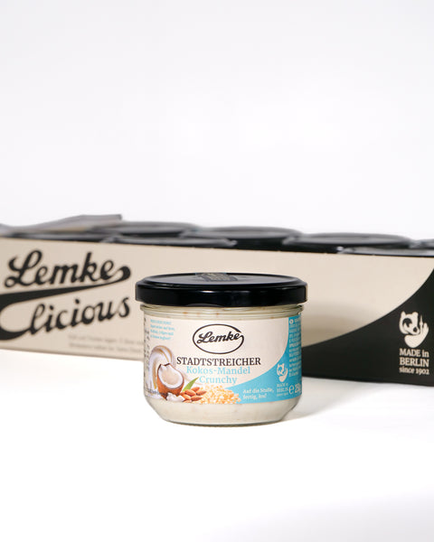 Lemke Stadtstreicher Kokos-Mandel Crunchy 250g coconut almond spread jar in retail display box