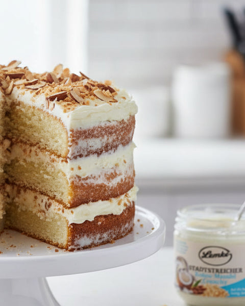 Layer cake with Lemke Stadtstreicher Kokos-Mandel Crunchy coconut almond spread and toasted almond topping