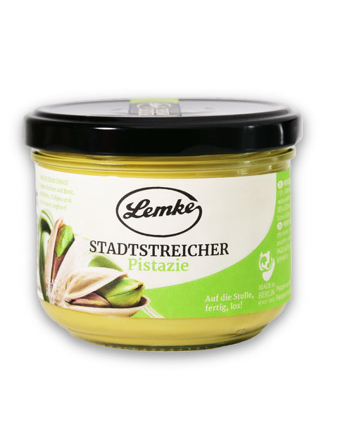 Lemke Stadtstreicher Pistazie im Glas, cremiger Pistazien-Aufstrich auf weißem Hintergrund
