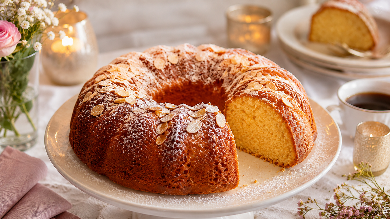 Golden-brown Bundt cake in a baking pan, photographed from above with a knife, cloth and fresh herbs.