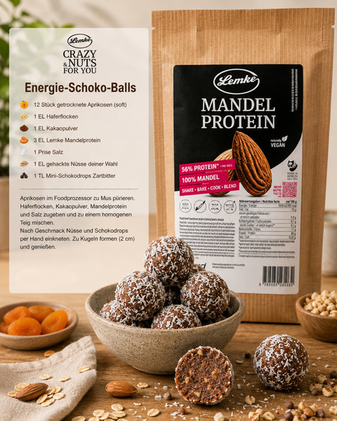 Lemke Mandel Protein with homemade chocolate energy balls, oats, dried apricots, and a recipe card for protein-rich snacks.