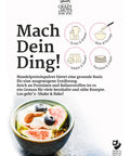 Lemke Mandel Protein infographic showing recipe ideas including shakes, muesli, baking, pancakes, and desserts made with almond protein.