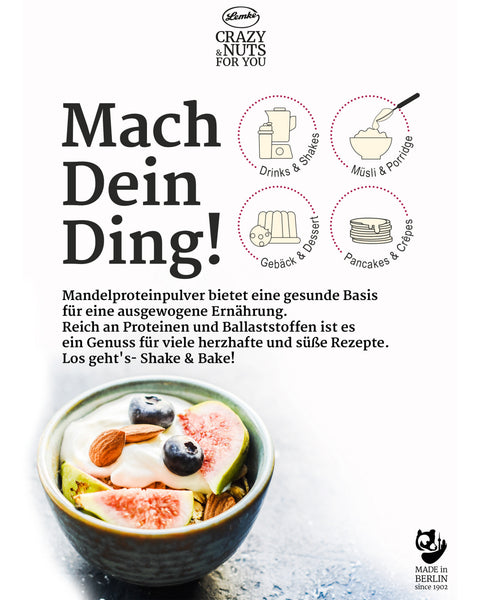 Lemke Mandel Protein infographic showing recipe ideas including shakes, muesli, baking, pancakes, and desserts made with almond protein.