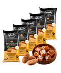 Lemke Marzipan Salty Caramel 5x200g bundle with almonds and caramel pieces on a white background