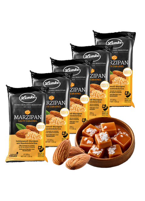 Lemke Marzipan Salty Caramel 5x200g bundle with almonds and caramel pieces on a white background